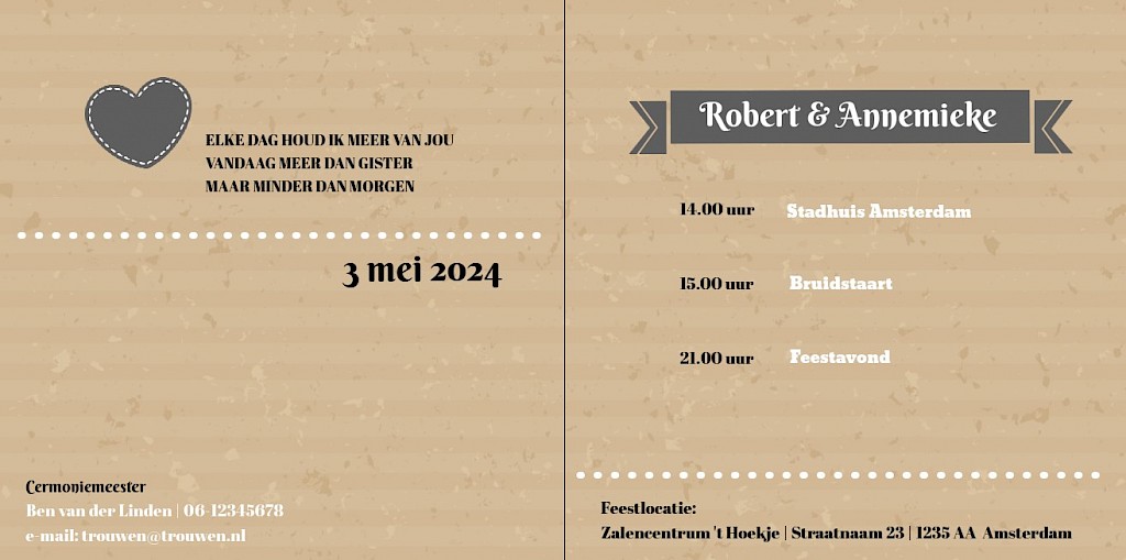 Gevouwen trouwkaart "Kraft & zwart hart" Gevouwen trouwkaart "Kraft & zwart hart"