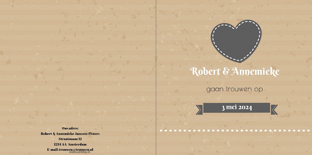 Gevouwen trouwkaart "Kraft & zwart hart" Gevouwen trouwkaart "Kraft & zwart hart"