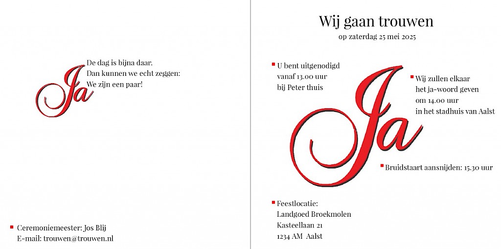 Gevouwen trouwkaart "Ja! rood" Gevouwen trouwkaart "Ja! rood"