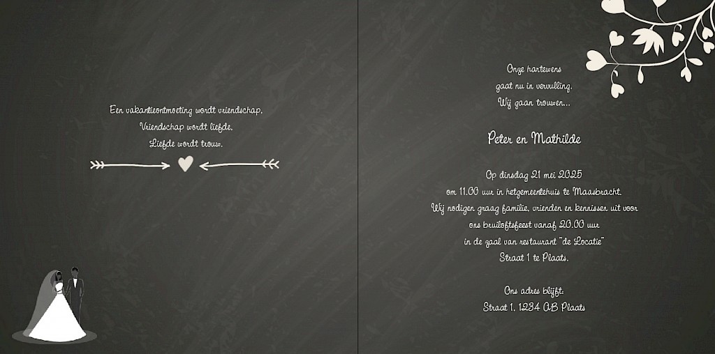 Gevouwen trouwkaart "Krijtbord bruidspaar" Gevouwen trouwkaart "Krijtbord bruidspaar"