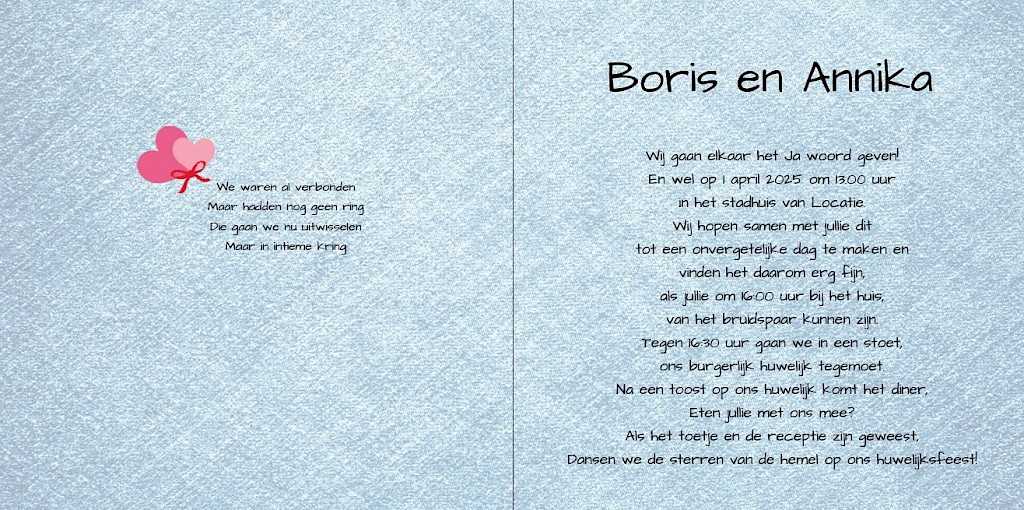 Gevouwen trouwkaart "Spijkerstof Ja" Gevouwen trouwkaart "Spijkerstof Ja"