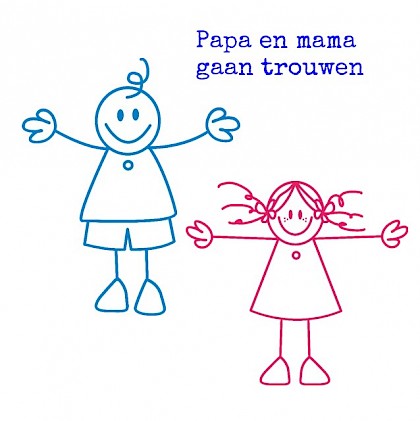 Gevouwen trouwkaart 'Illustratie poppetjes" Gevouwen trouwkaart 'Illustratie poppetjes"