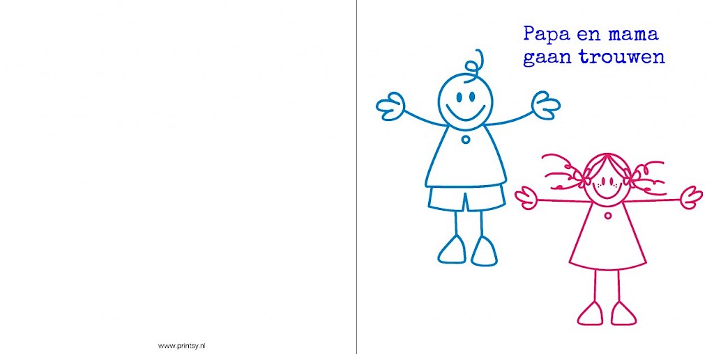 Gevouwen trouwkaart 'Illustratie poppetjes" Gevouwen trouwkaart 'Illustratie poppetjes"