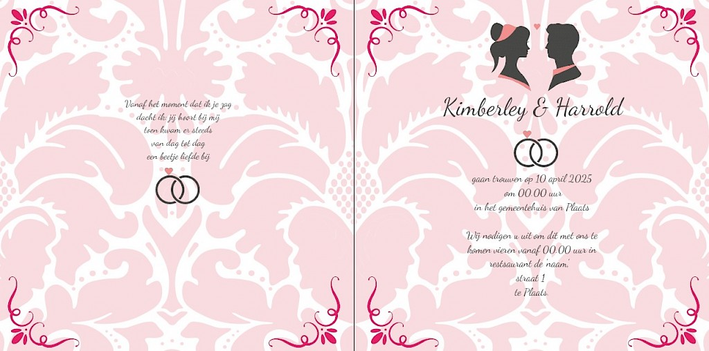 Gevouwen trouwkaart "silhouetten roze" Gevouwen trouwkaart "silhouetten roze"