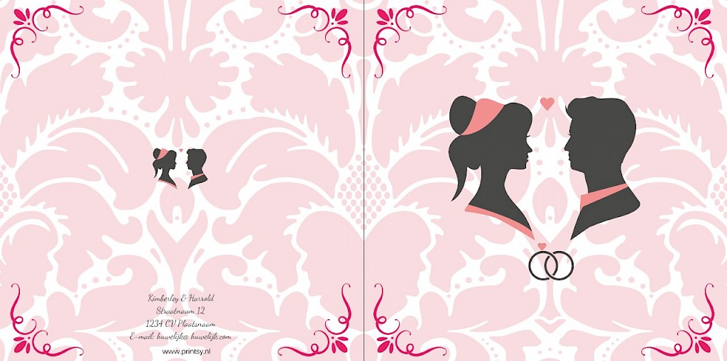 Gevouwen trouwkaart "silhouetten roze" Gevouwen trouwkaart "silhouetten roze"