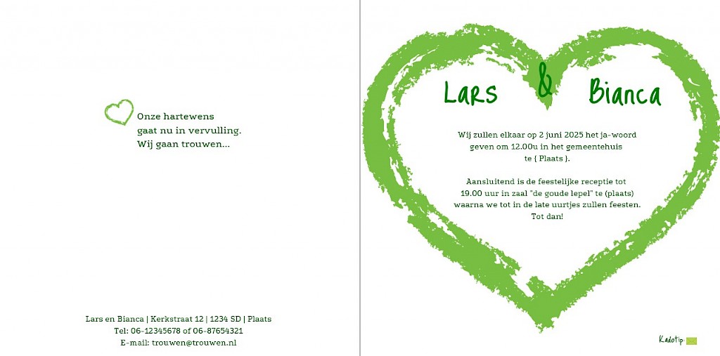 Gevouwen trouwkaart "Groen hart" Gevouwen trouwkaart "Groen hart"