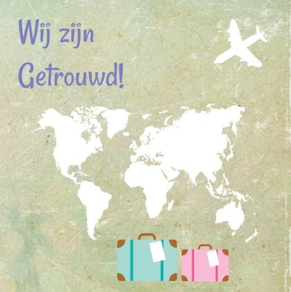 Gevouwen trouwkaart "Wereldkaart & Koffers"