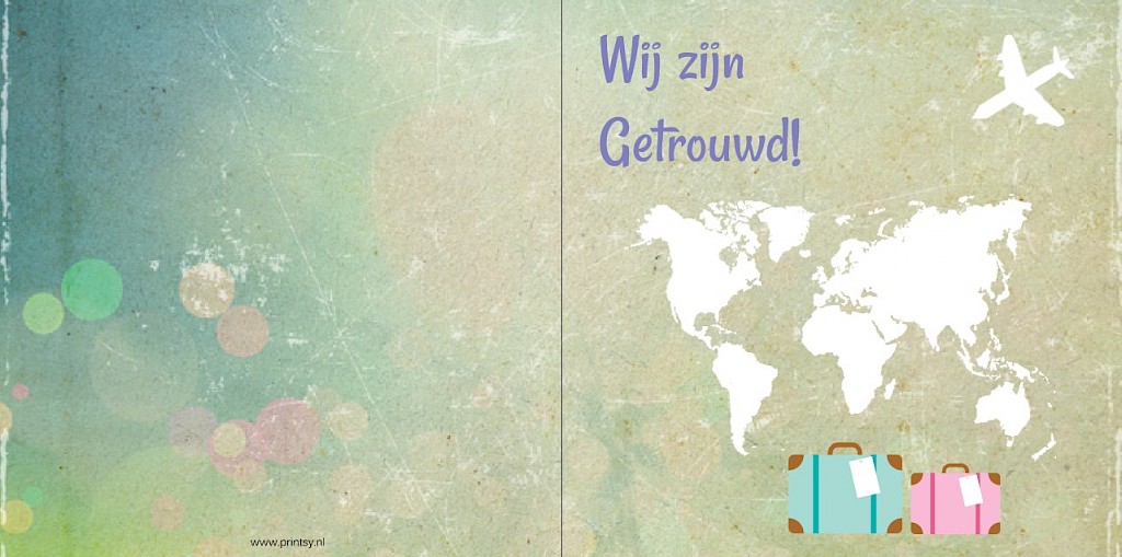 Gevouwen trouwkaart "Wereldkaart & Koffers" Gevouwen trouwkaart "Wereldkaart & Koffers"