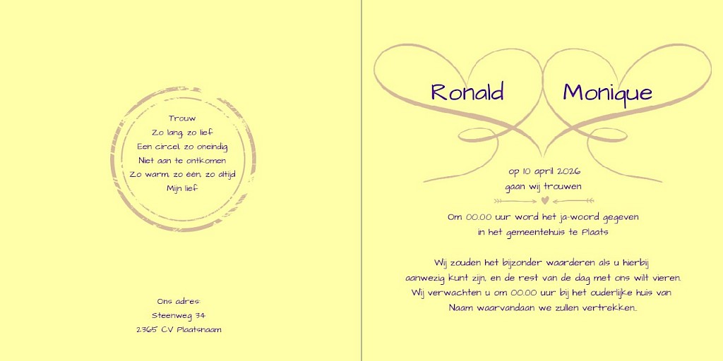 Gevouwen trouwkaart "Zacht geel" Gevouwen trouwkaart "Zacht geel"