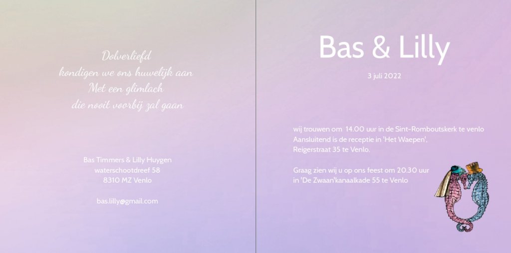 Gevouwen trouwkaart "Zeepaardjes blauw Gevouwen trouwkaart "Zeepaardjes blauw