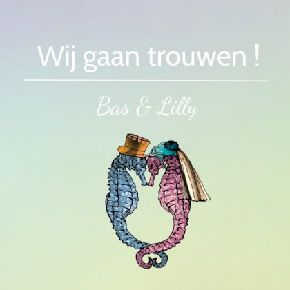 Gevouwen trouwkaart "Zeepaardjes blauw