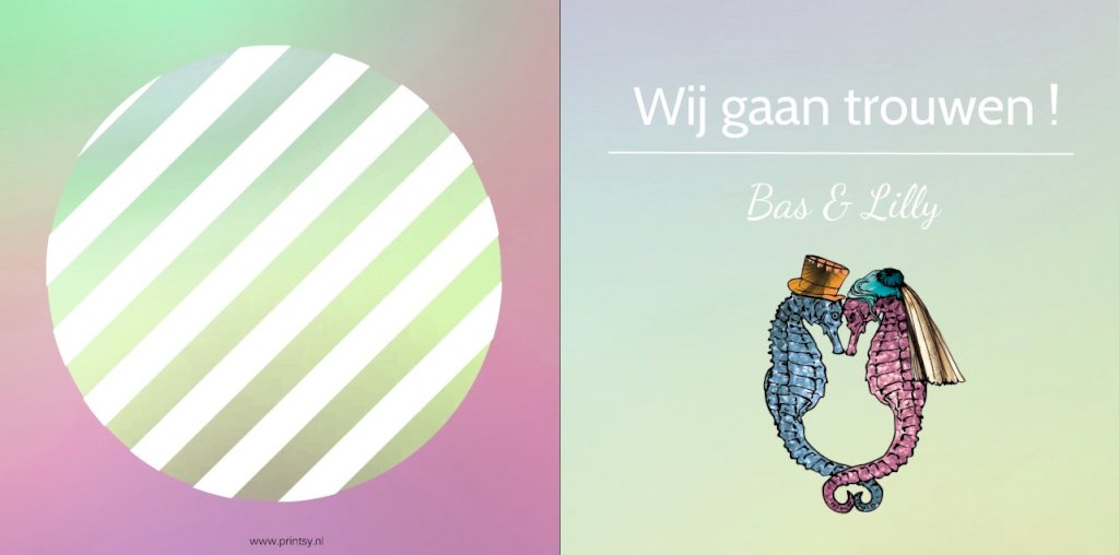 Gevouwen trouwkaart "Zeepaardjes blauw Gevouwen trouwkaart "Zeepaardjes blauw