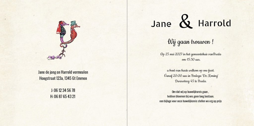 Gevouwen trouwkaart "Zeepaardjes & Wereldkaart Gevouwen trouwkaart "Zeepaardjes & Wereldkaart