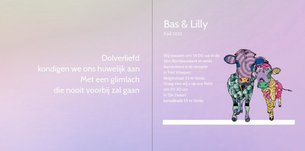 Gevouwen trouwkaart "Kleurrijke koeien" Gevouwen trouwkaart "Kleurrijke koeien"