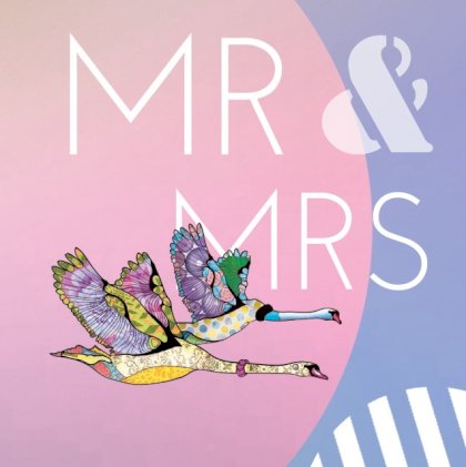 Gevouwen trouwkaart "Mr & Mrs zwanen"