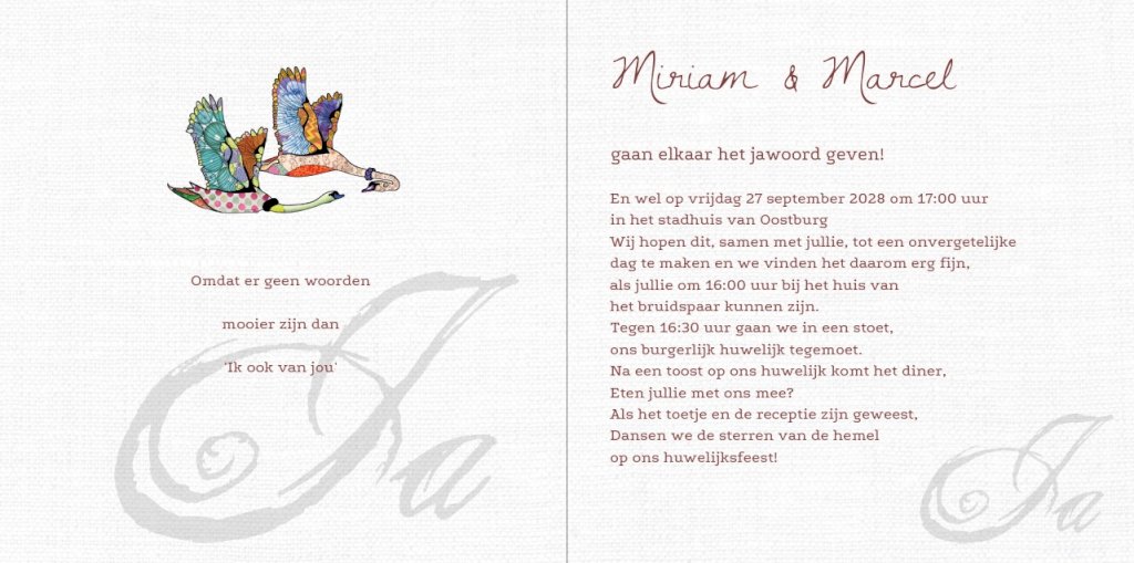 Gevouwen trouwkaart "Gekleurde zwanen" Gevouwen trouwkaart "Gekleurde zwanen"