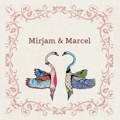 Gevouwen trouwkaart "Gekleurde zwanen"