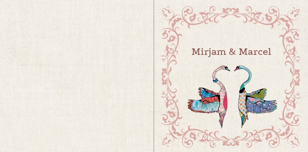 Gevouwen trouwkaart "Gekleurde zwanen" Gevouwen trouwkaart "Gekleurde zwanen"