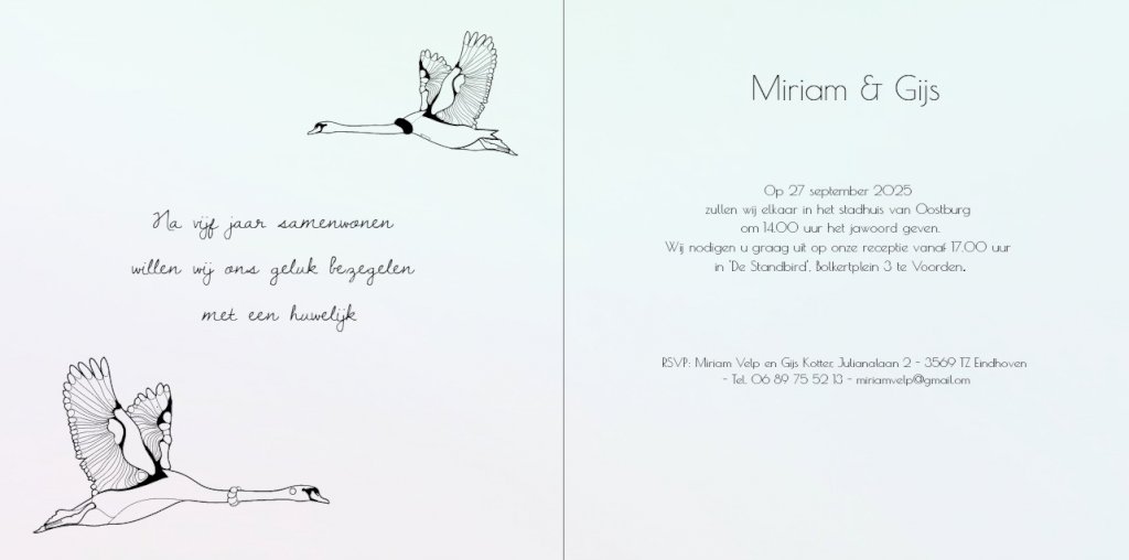 Gevouwen trouwkaart "Vliegende zwanen" Gevouwen trouwkaart "Vliegende zwanen"