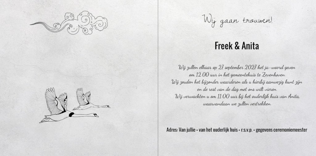 Gevouwen trouwkaart "vliegende zwanen zw/w" Gevouwen trouwkaart "vliegende zwanen zw/w"