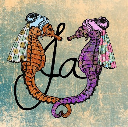 Gevouwen trouwkaart "Zeepaardjes retro"