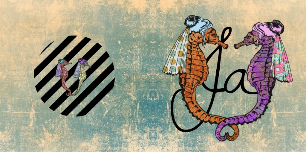 Gevouwen trouwkaart "Zeepaardjes retro" Gevouwen trouwkaart "Zeepaardjes retro"