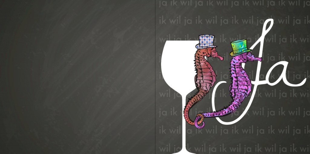 Gevouwen trouwkaart "Zeepaardjes & glas" Gevouwen trouwkaart "Zeepaardjes & glas"