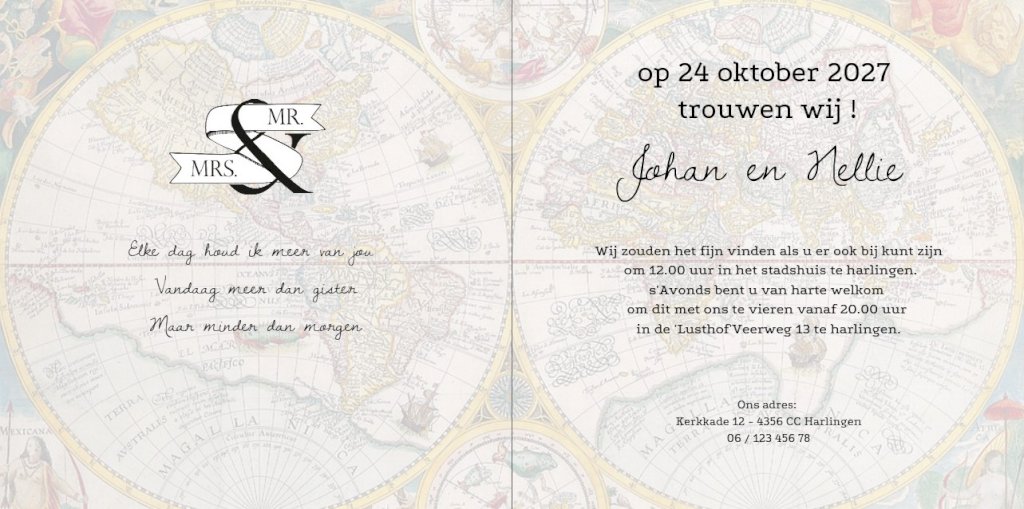 Gevouwen trouwkaart "Mr & Mrs bloemen" Gevouwen trouwkaart "Mr & Mrs bloemen"