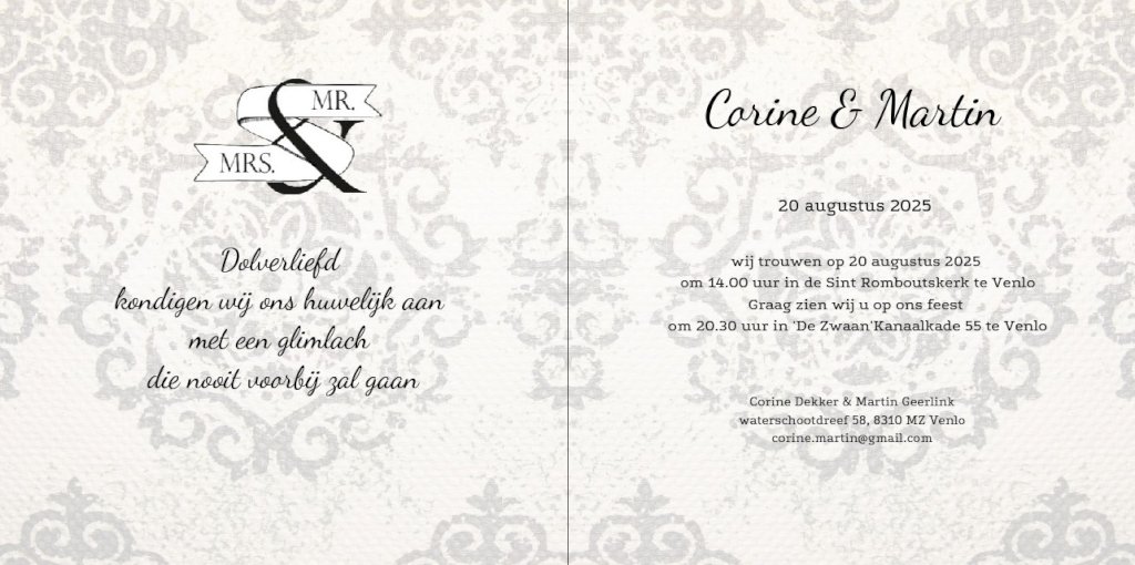 "Gevouwen trouwkaart "Zwanen & Mr Mrs" "Gevouwen trouwkaart "Zwanen & Mr Mrs"