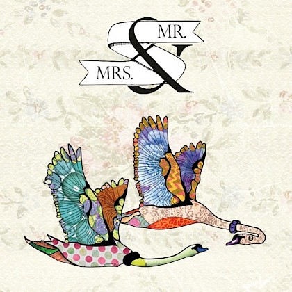 "Gevouwen trouwkaart "Zwanen & Mr Mrs" "Gevouwen trouwkaart "Zwanen & Mr Mrs"