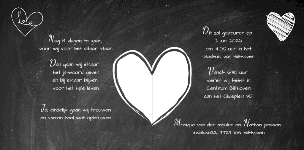 Gevouwen trouwkaart "krijtbord hart" Gevouwen trouwkaart "krijtbord hart"