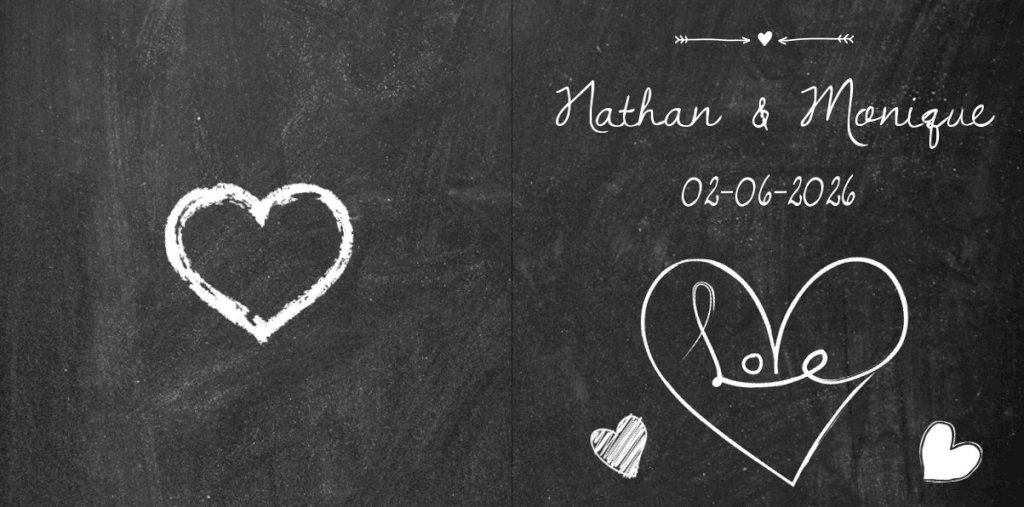 Gevouwen trouwkaart "krijtbord hart" Gevouwen trouwkaart "krijtbord hart"