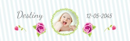 Geboorte banner met strepen, roosjes en plaats voor een foto Geboorte banner met strepen, roosjes en plaats voor een foto