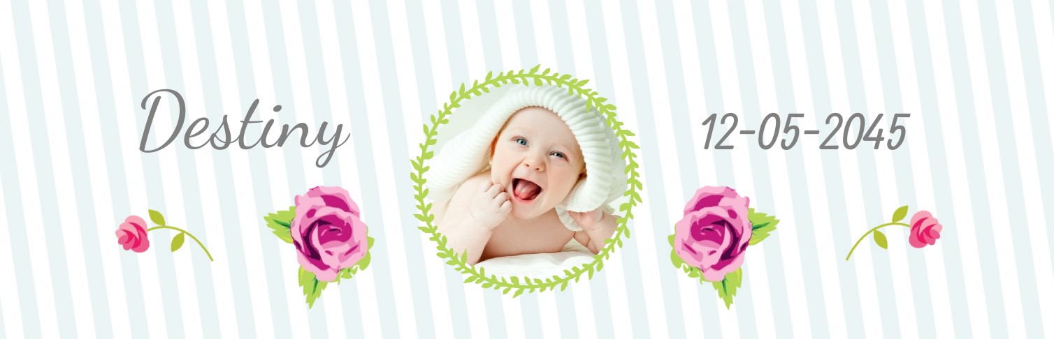 Geboorte banner met strepen, roosjes en plaats voor een foto Geboorte banner met strepen, roosjes en plaats voor een foto