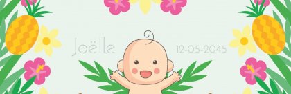 Geboorte banner met vrolijke baby op tropische achtergrond