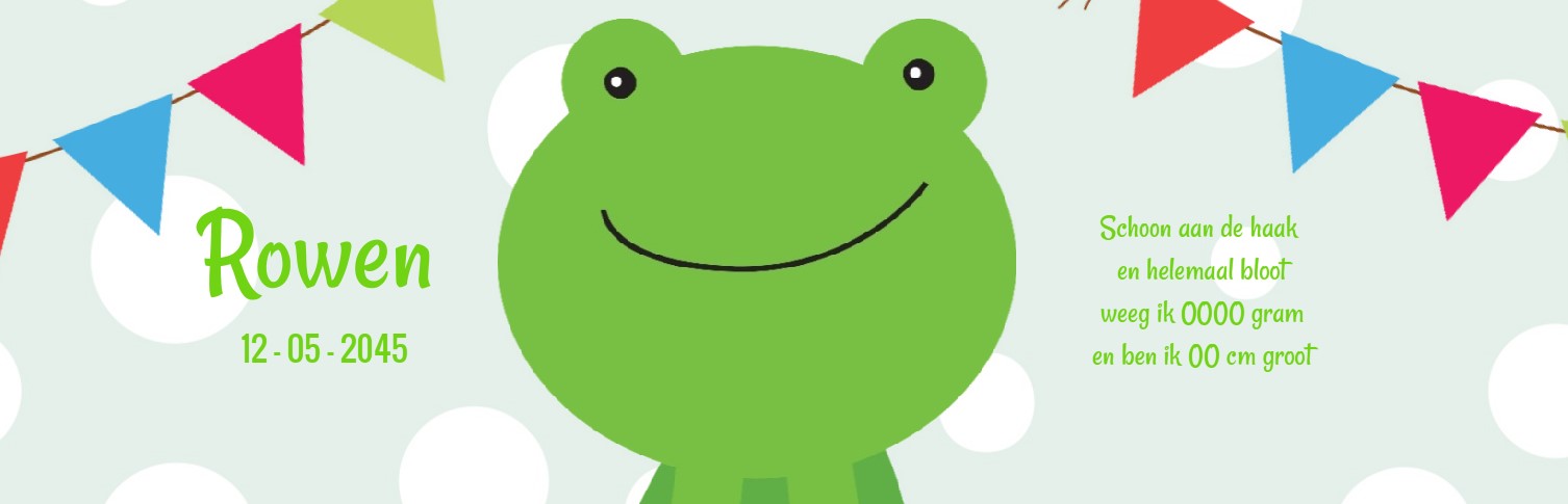 Geboorte banner met kikker en vlaggetjes Geboorte banner met kikker en vlaggetjes