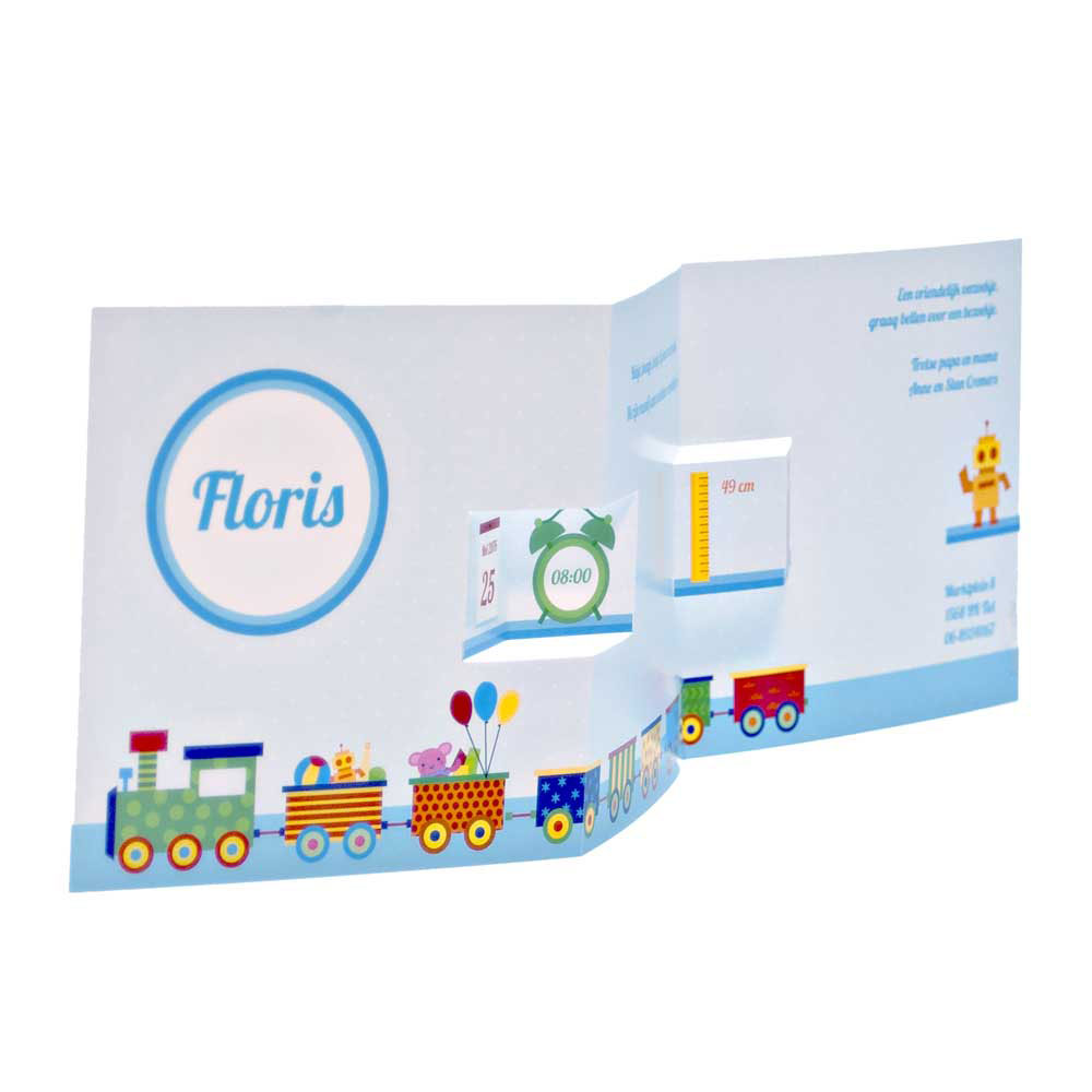 Gestanst geboortekaartje "Trein blauw" Gestanst geboortekaartje "Trein blauw"