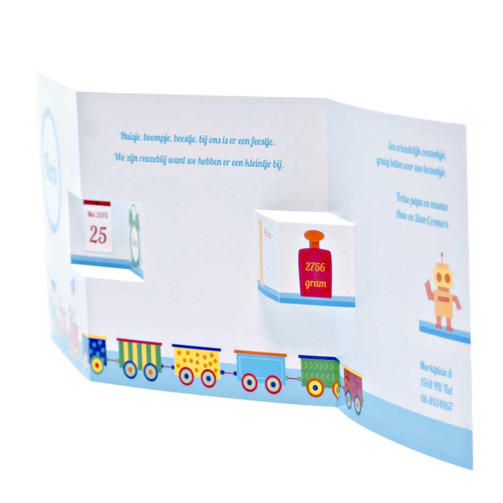 Gestanst geboortekaartje "Trein blauw" Gestanst geboortekaartje "Trein blauw"