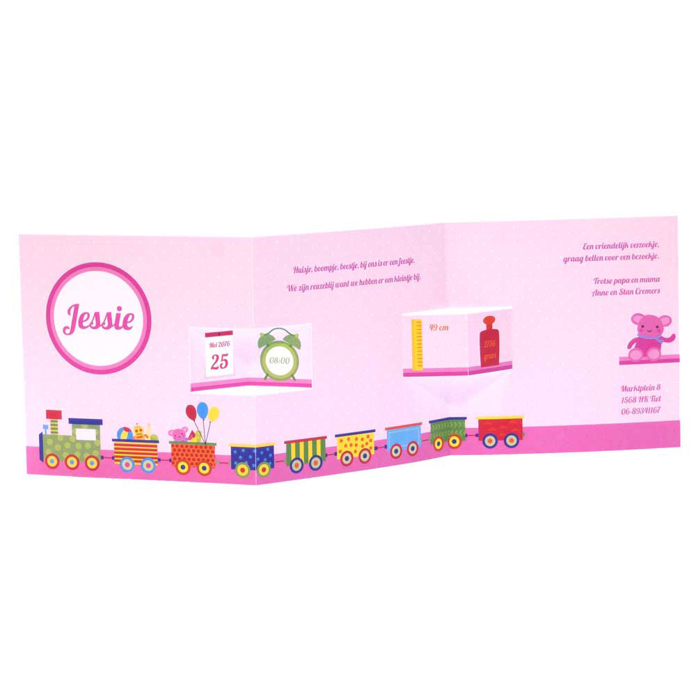 Gestanst geboortekaartje "Trein roze" Gestanst geboortekaartje "Trein roze"