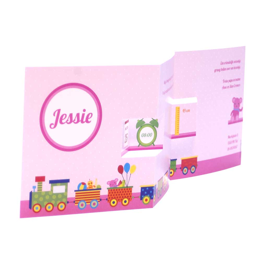 Gestanst geboortekaartje "Trein roze" Gestanst geboortekaartje "Trein roze"