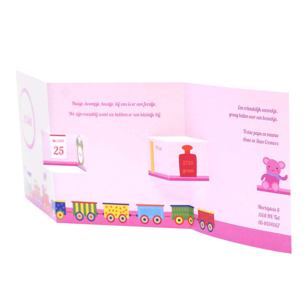 Gestanst geboortekaartje "Trein roze" Gestanst geboortekaartje "Trein roze"