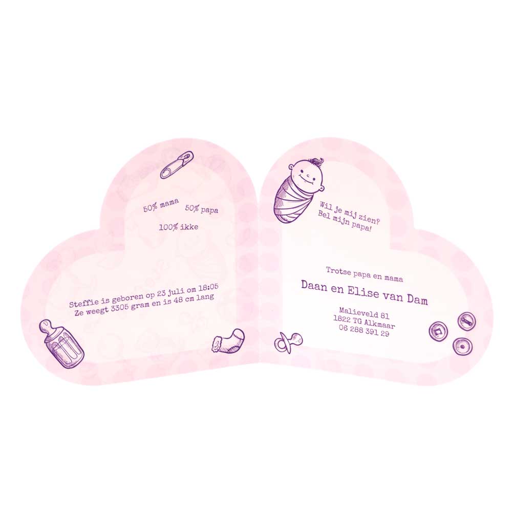 Gestanst geboortekaartje "Hartje roze" Gestanst geboortekaartje "Hartje roze"