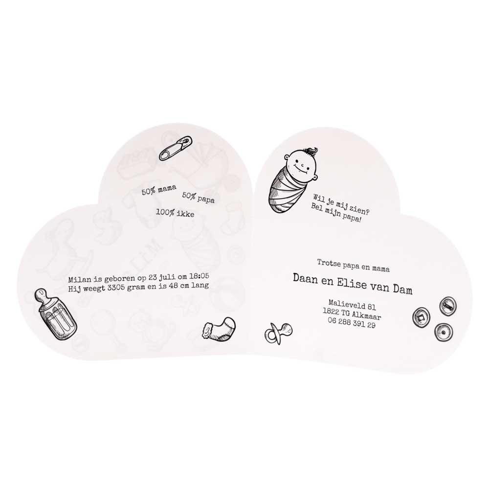 Gestanst geboortekaartje "Hartje zwart/wit" Gestanst geboortekaartje "Hartje zwart/wit"