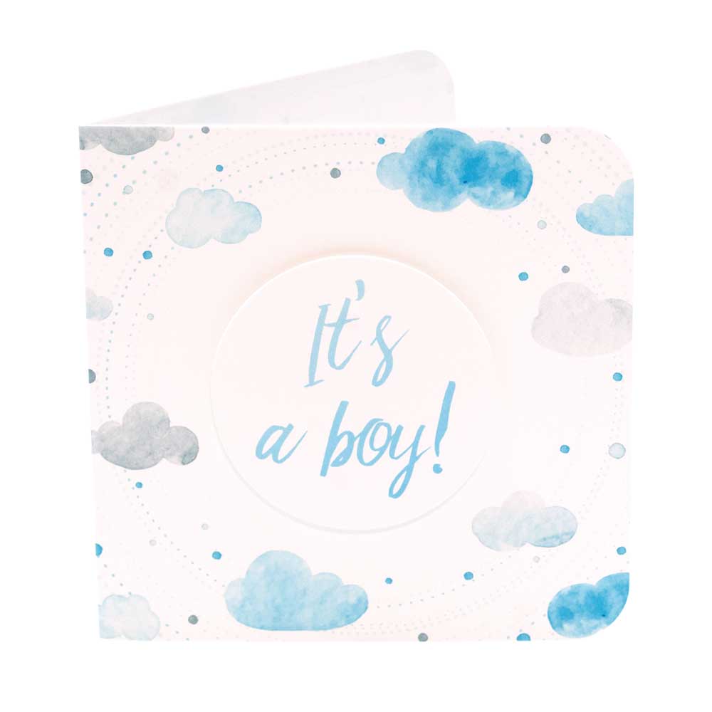 Gestanst geboortekaartje "In de wolken - It's a boy"