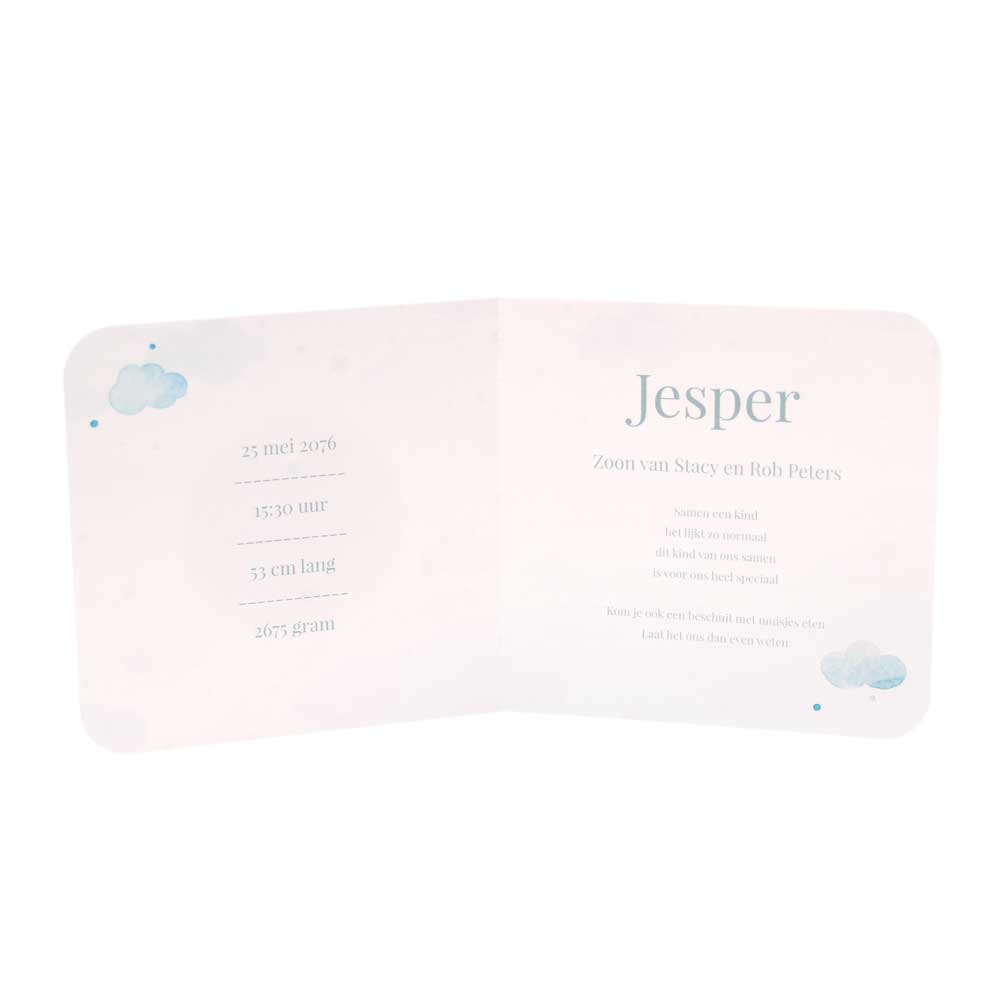 Gestanst geboortekaartje "In de wolken - It's a boy" Gestanst geboortekaartje "In de wolken - It's a boy"