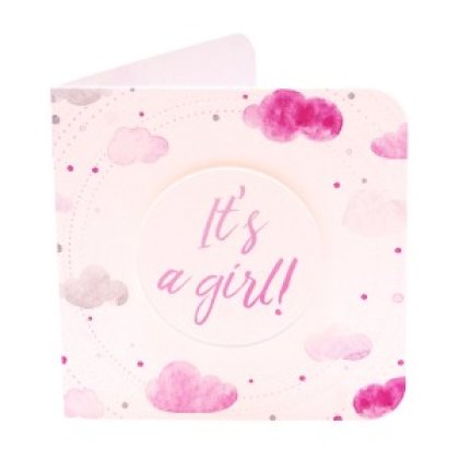 Gestanst geboortekaartje "In de wolken - It's a girl"
