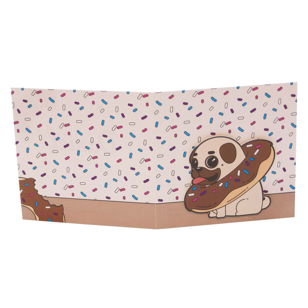 Geboortekaart met opgeplakt hondje in donut Geboortekaart met opgeplakt hondje in donut