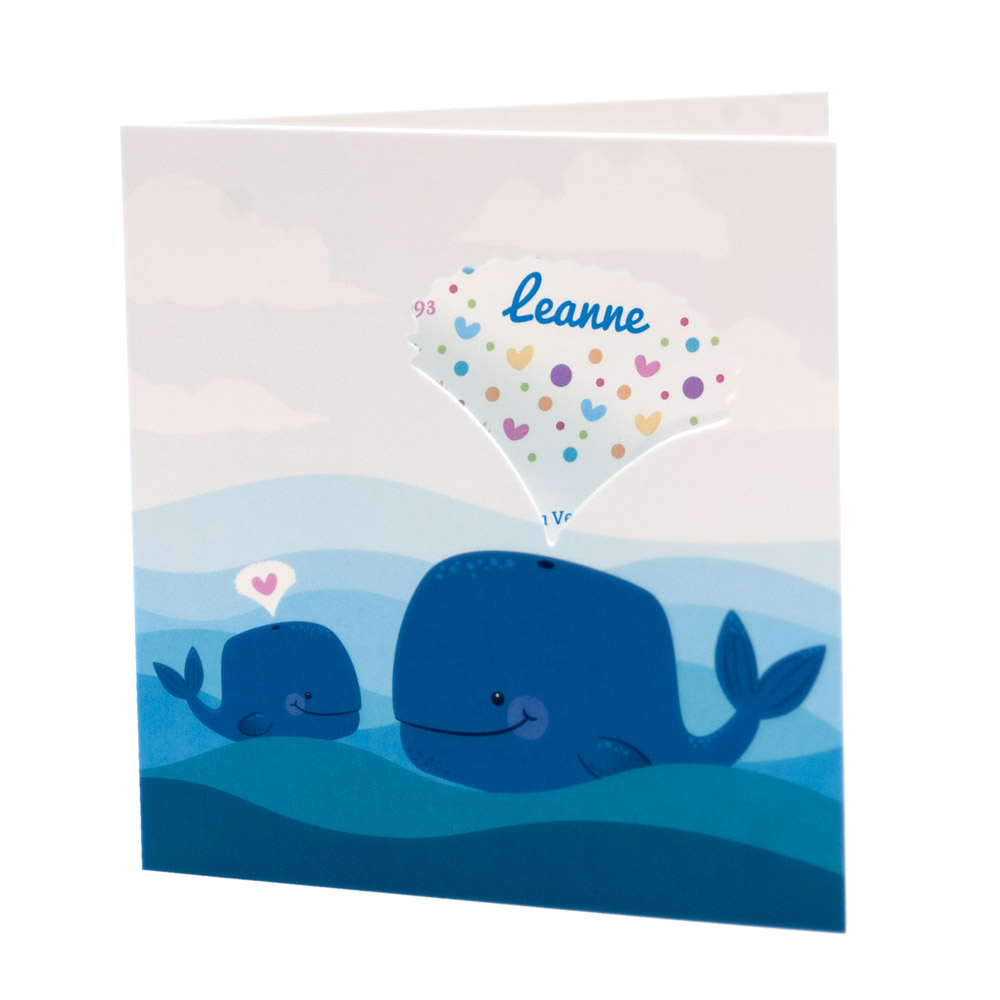 Gestanst geboortekaartje "Hartjes spuitende walvis" Gestanst geboortekaartje "Hartjes spuitende walvis"