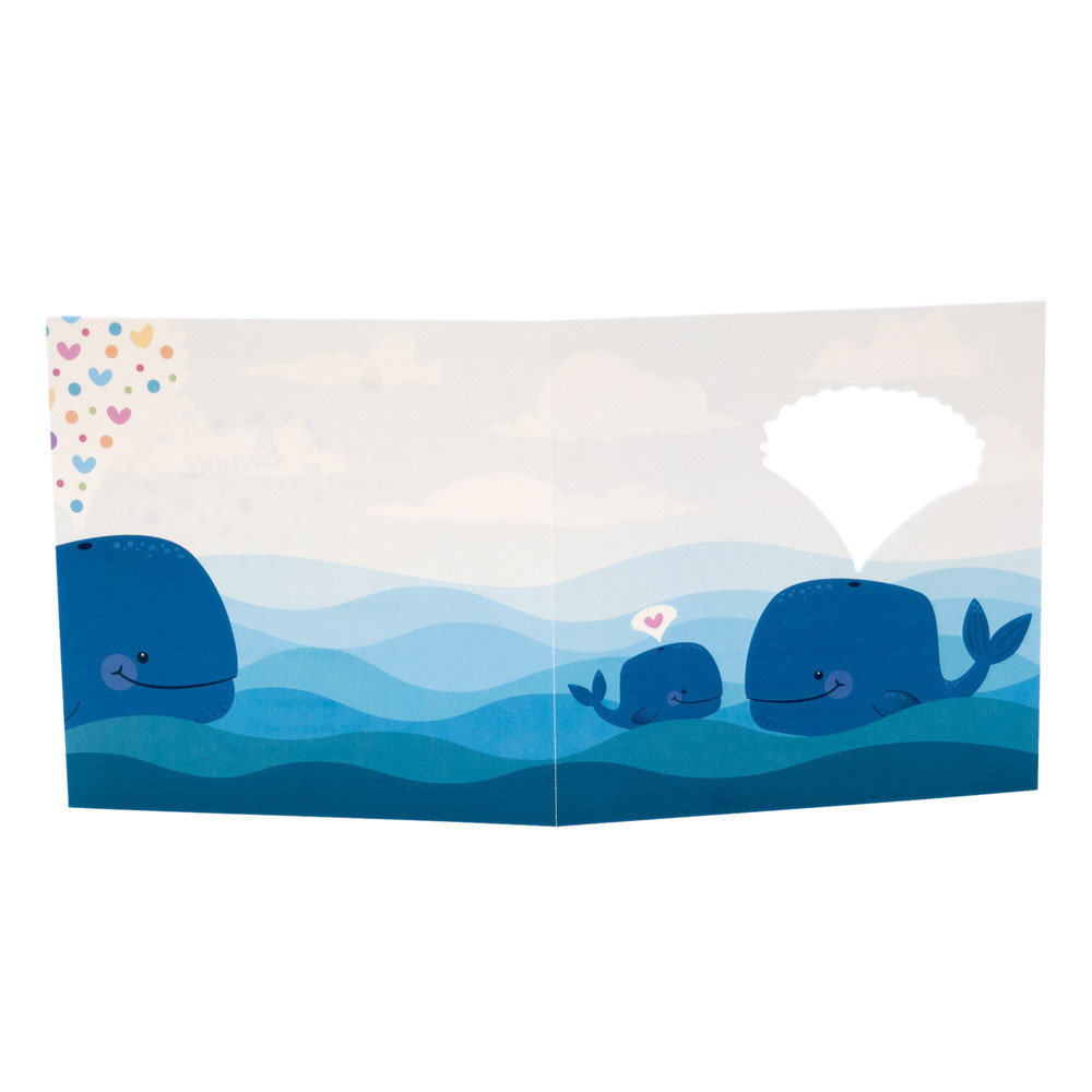 Gestanst geboortekaartje "Hartjes spuitende walvis" Gestanst geboortekaartje "Hartjes spuitende walvis"