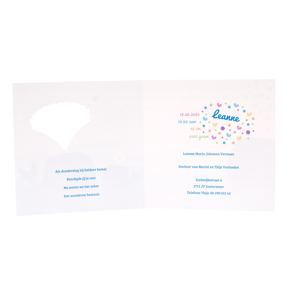 Gestanst geboortekaartje "Hartjes spuitende walvis" Gestanst geboortekaartje "Hartjes spuitende walvis"